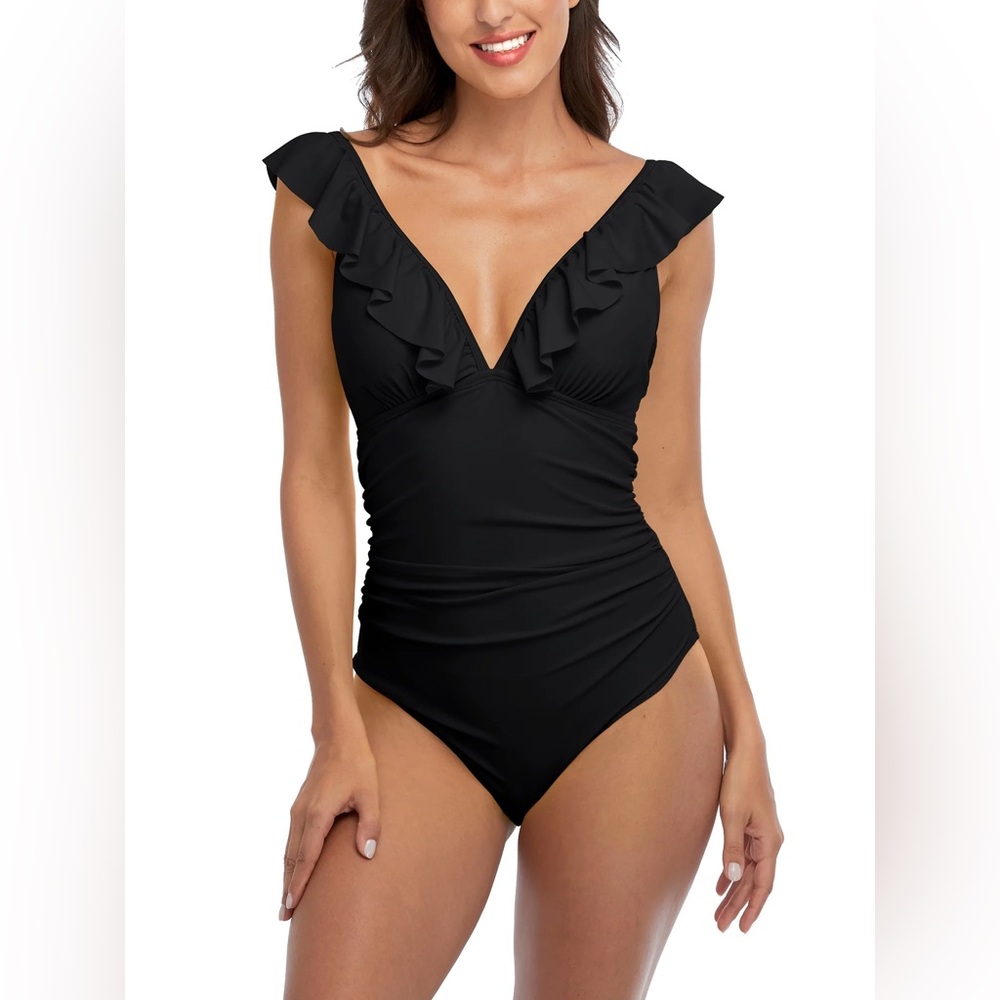 Black Ruffled straps v neck ruched tummy control One-Piece Swimsuit Medium